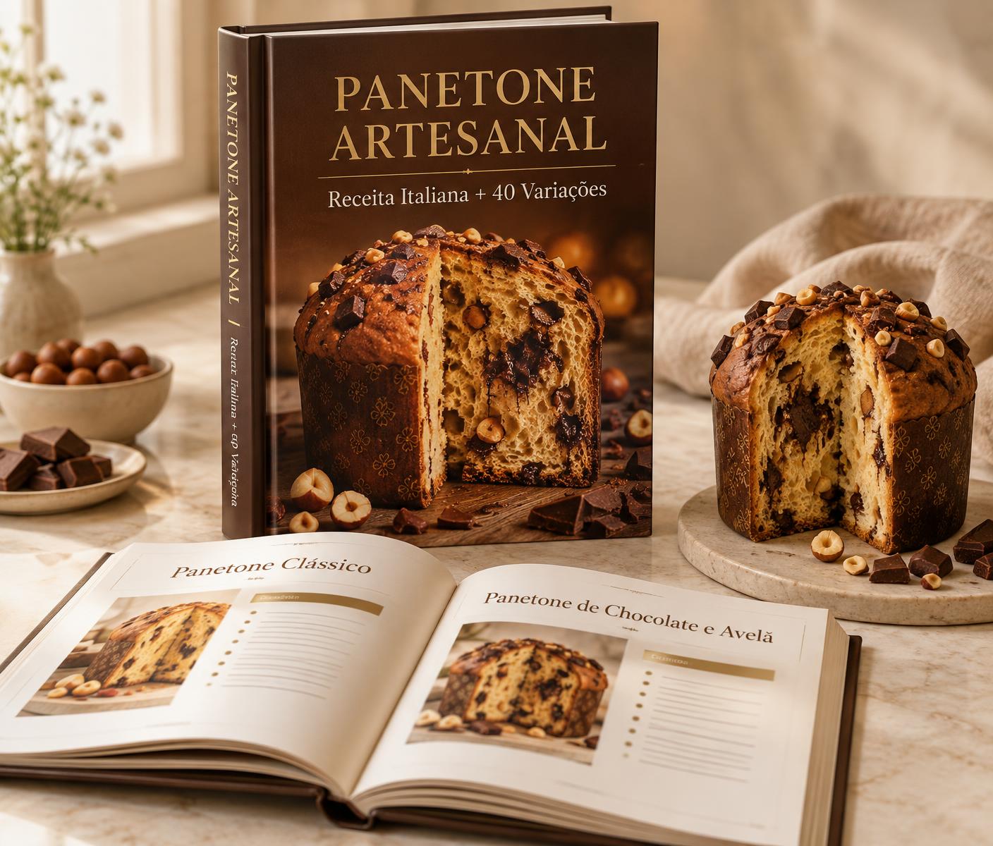 Capa e páginas internas do e-book Panetone Artesanal, Receita Italiana e 40 Variações