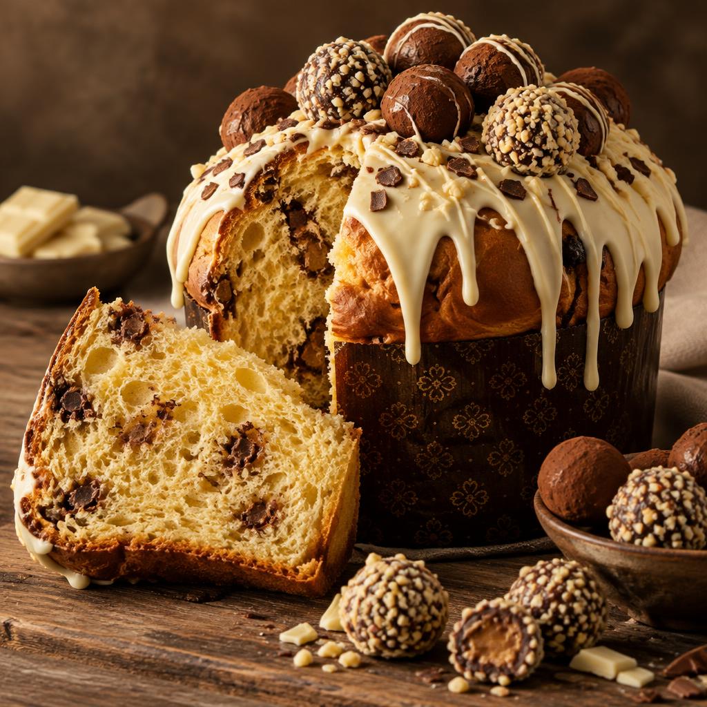 Fatia de panetone trufado com cobertura de chocolate branco