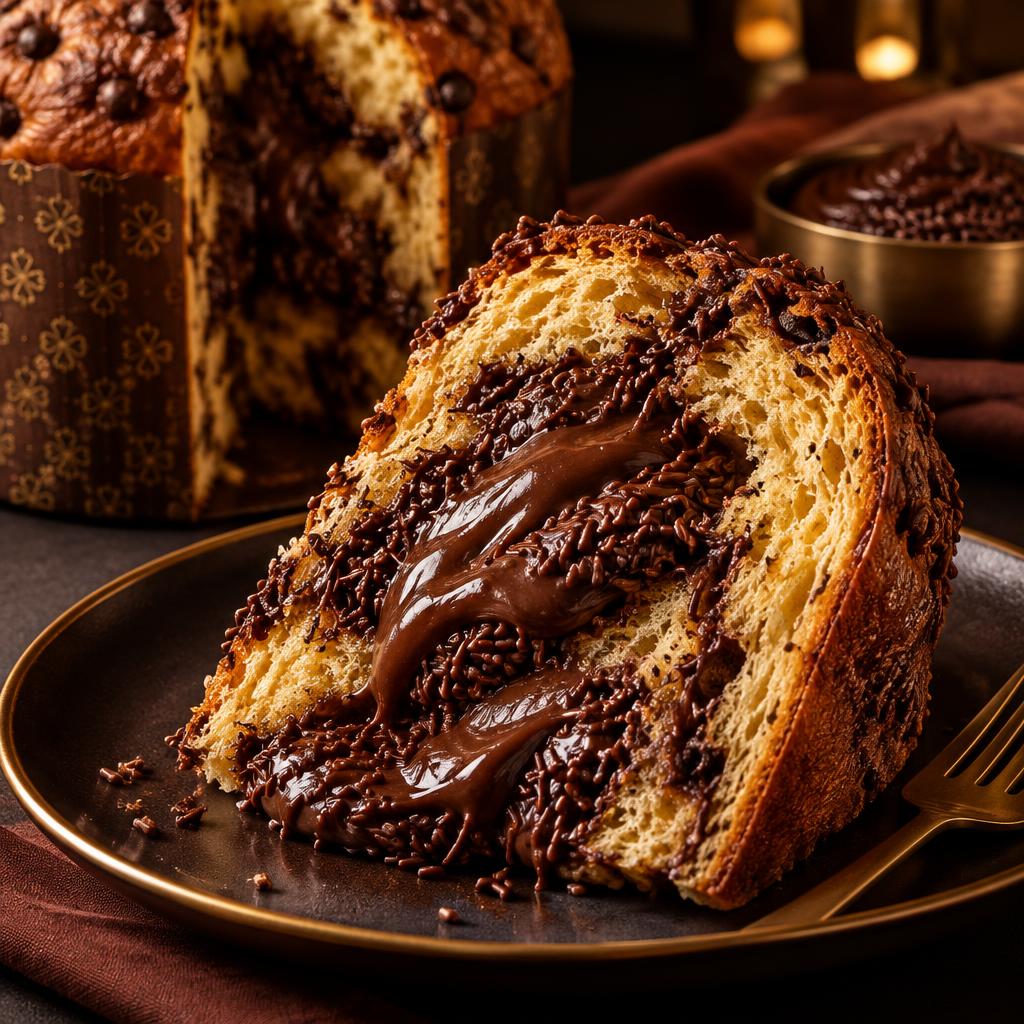 Fatia de panetone recheado com brigadeiro gourmet