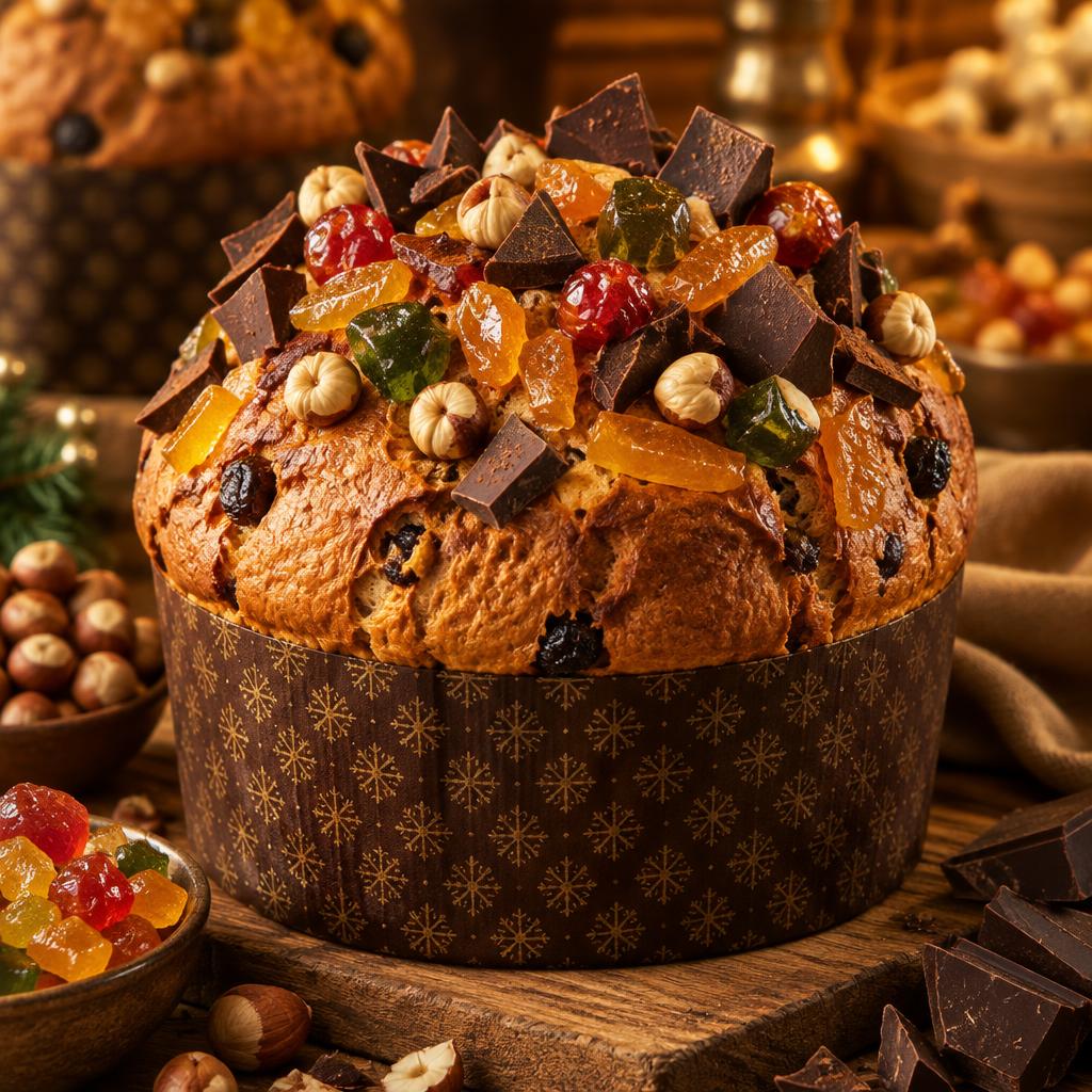 Panetone artesanal com frutas cristalizadas, avelãs e chocolate